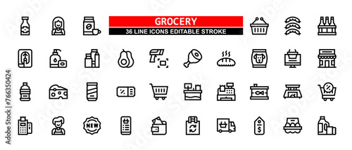 36 Grocery Line Icons Set Pack Editable Stroke Vector Illustration. © nokdian