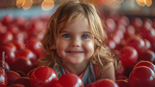 Playful young girl with shining blue eyes and a charming smile surrounded by red balls © Daniel