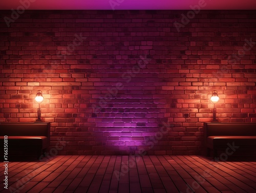 Room with brick wall and maroon lights background  © Celina