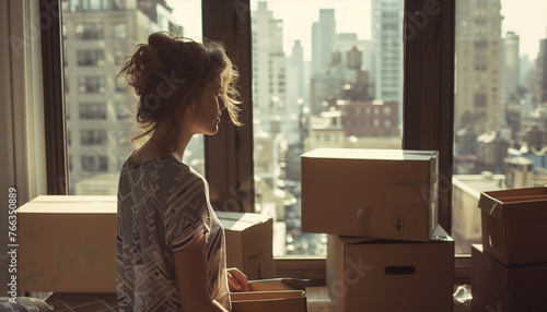 A woman unpacking or packing boxes during moving in a high-rise apartment photo