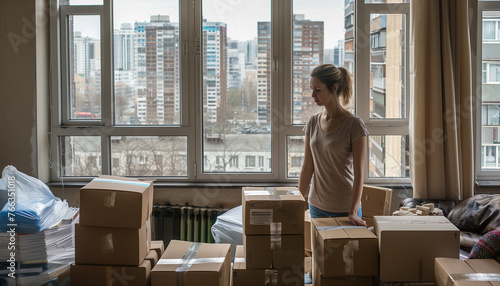 A woman unpacking or packing boxes during moving in a high-rise apartment photo