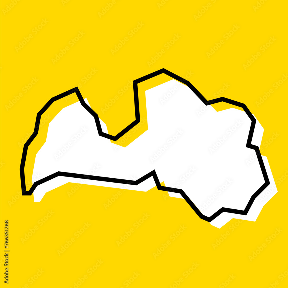 Latvia country simplified map. White silhouette with thick black contour on yellow background. Simple vector icon Latvia country simplified map. White silhouette with thick black contour on yellow background. Simple vector icon
