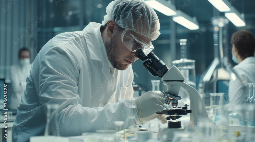 A scientist examines a sample through a microscope in a laboratory setting. A scientist examines a sample through a microscope in a laboratory setting.