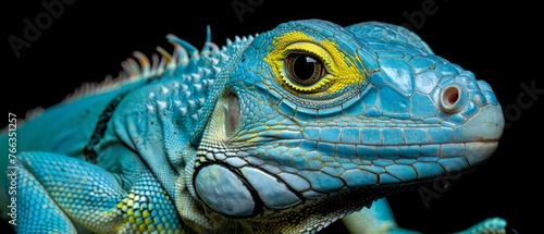  A lizard's close-up head, with yellow and blue eye stripes against black backdrop © Wall