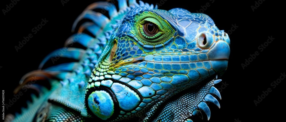 Fototapeta premium a blue and green lizard's head on a black background
