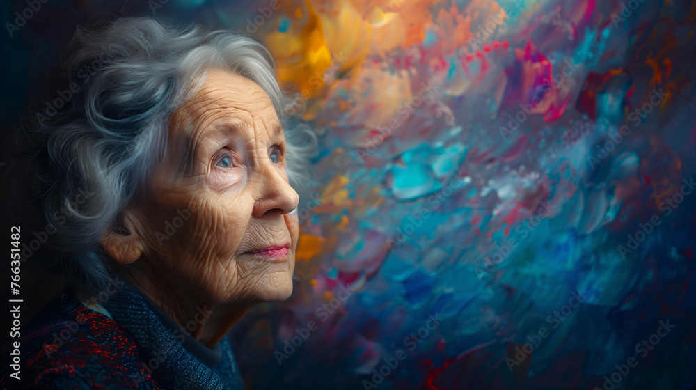 Elderly Caucasian woman with contemplative expression against a vibrant abstract painted background, evoking themes of creativity, memory, and aging Elderly Caucasian woman with contemplative expression against a vibrant abstract painted background, evoking themes of creativity, memory, and aging