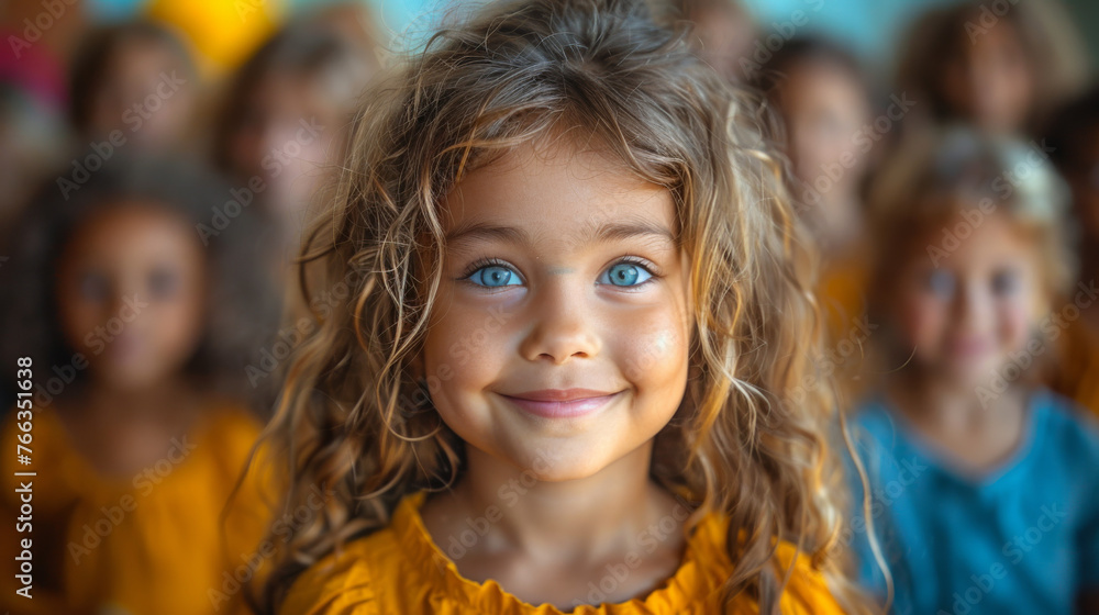Child with captivating blue eyes and curled hair smiles warmly in a yellow outfit against peers Child with captivating blue eyes and curled hair smiles warmly in a yellow outfit against peers