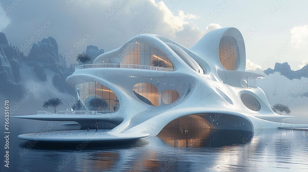 A digital illustration of a modern, white, organic-shaped building set against a backdrop of misty mountains and calm waters, exuding an aura of serenity and innovation A digital illustration of a modern, white, organic-shaped building set against a backdrop of misty mountains and calm waters, exuding an aura of serenity and innovation