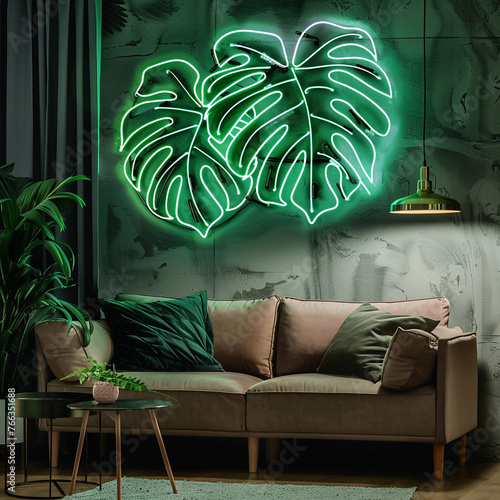 Neon sign monstera as decor of a living room © allasimacheva