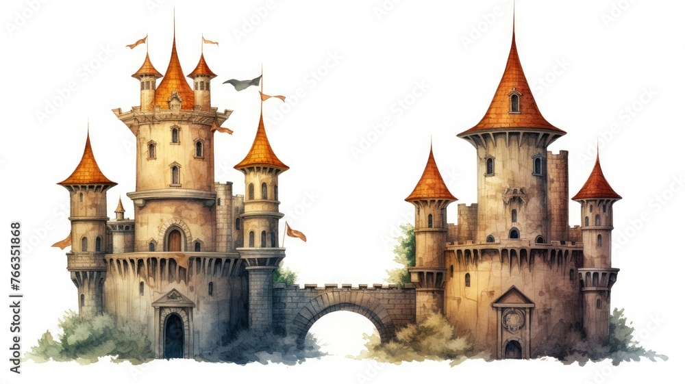 Whimsical watercolor castle illustration - This watercolor illustration of a whimsical fantasy castle evokes a sense of magic, adventure, and fairy tales with its enchanting design