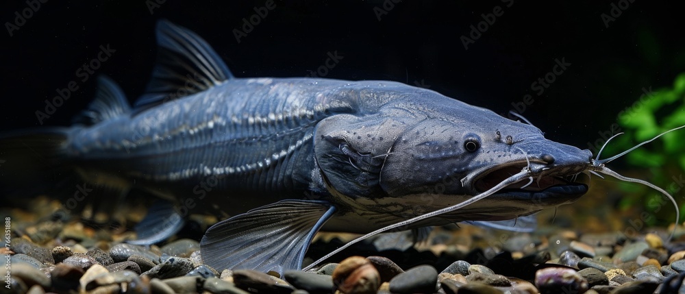 Fish in foreground, mouth open, amidst rocks, plants in background Fish in foreground, mouth open, amidst rocks, plants in background