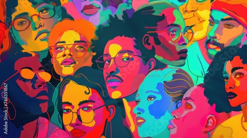 Colorful illustration of a group of people. Concept of a diverse society.