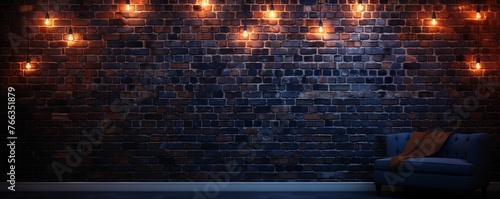 Room with brick wall and navy blue lights background