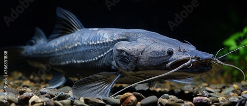  Fish in foreground, mouth open, amidst rocks, plants in background