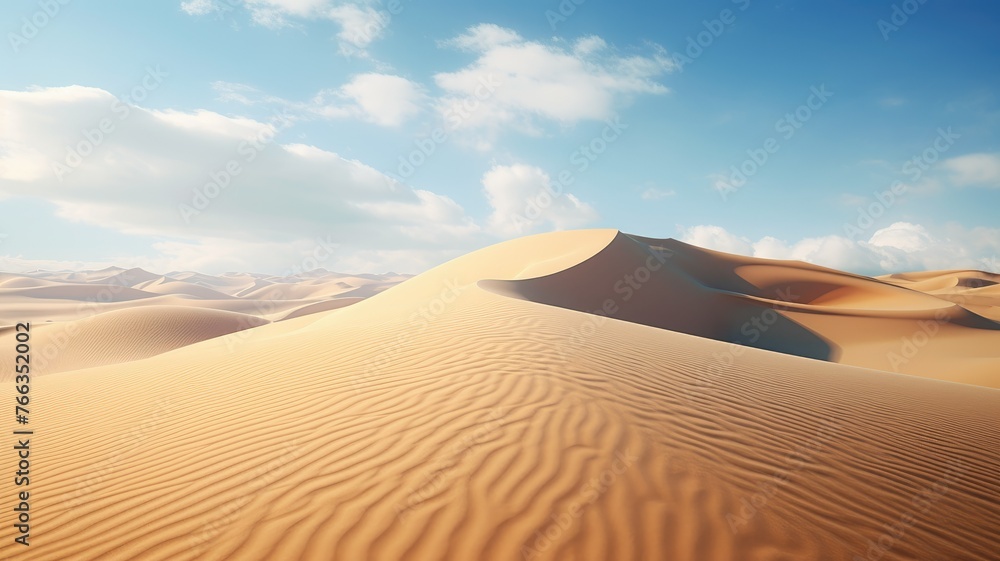 Sunny desert dunes under a clear sky - Warm desert sands with dunes creating a peaceful landscape under the bright blue sky for tranquil imagery