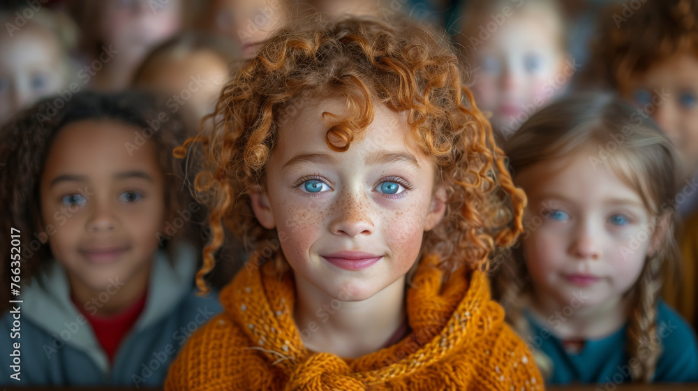 Portrait of a red-haired girl with green eyes wearing an orange sweater, among peers Portrait of a red-haired girl with green eyes wearing an orange sweater, among peers