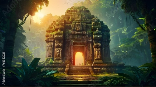 ai generated realistic beautiful ancient temple hidden in a forest with intricate carvings and surrounded by dense foliage and magnificent ancient buildings photo