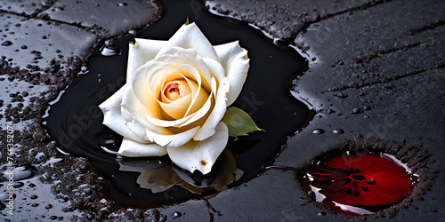 a white rose laying in a puddle or pool of blood. black background. dripping blood on the rose white petals. grief, murder, treason