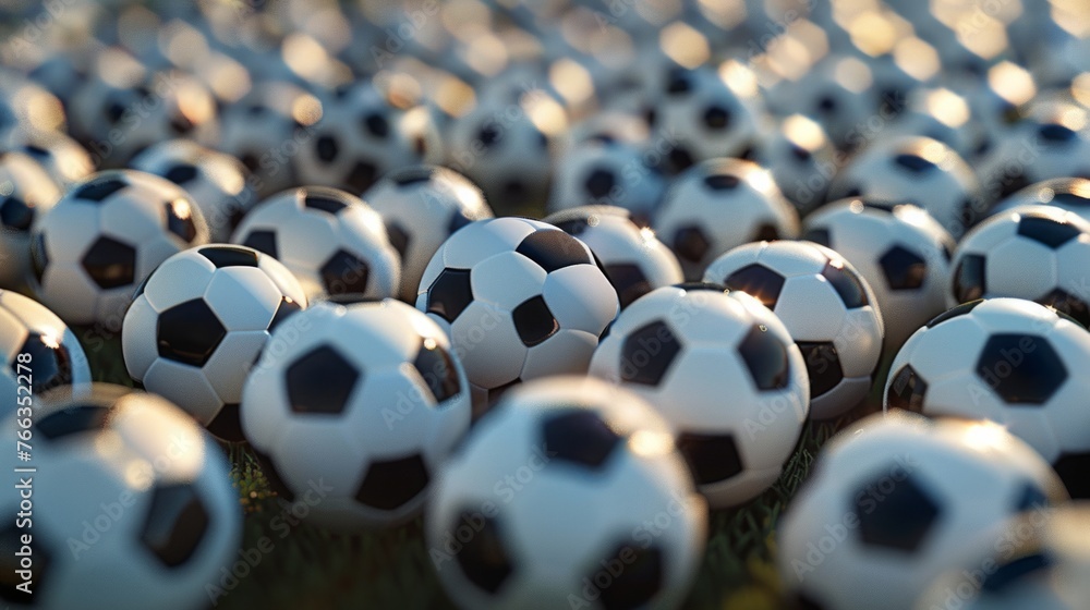 Obraz premium A field of soccer balls illuminating global passion. Soccer ball galore