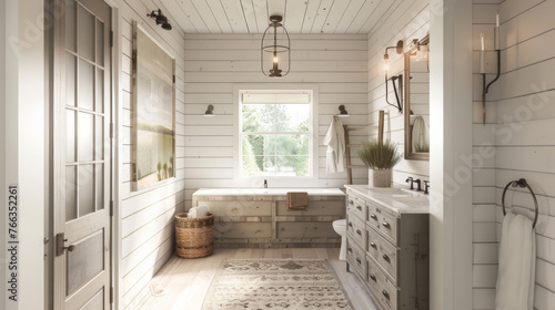 A farmhouse-style bathroom with shiplap walls, a trough sink, and vintage light fixtures giving off a cozy, rustic charm