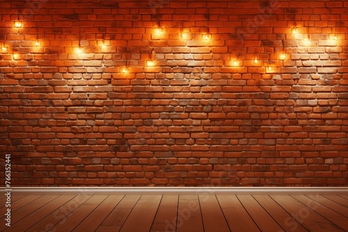 Room with brick wall and orange lights background
