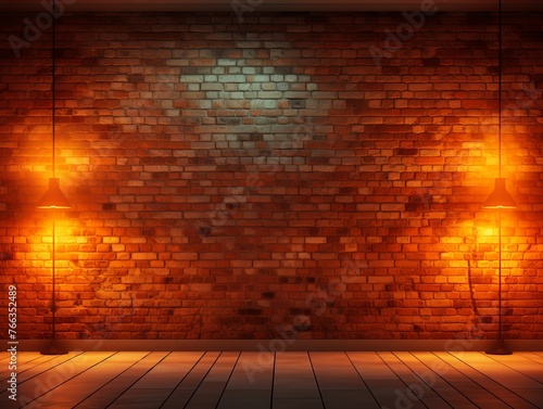 Room with brick wall and orange lights background