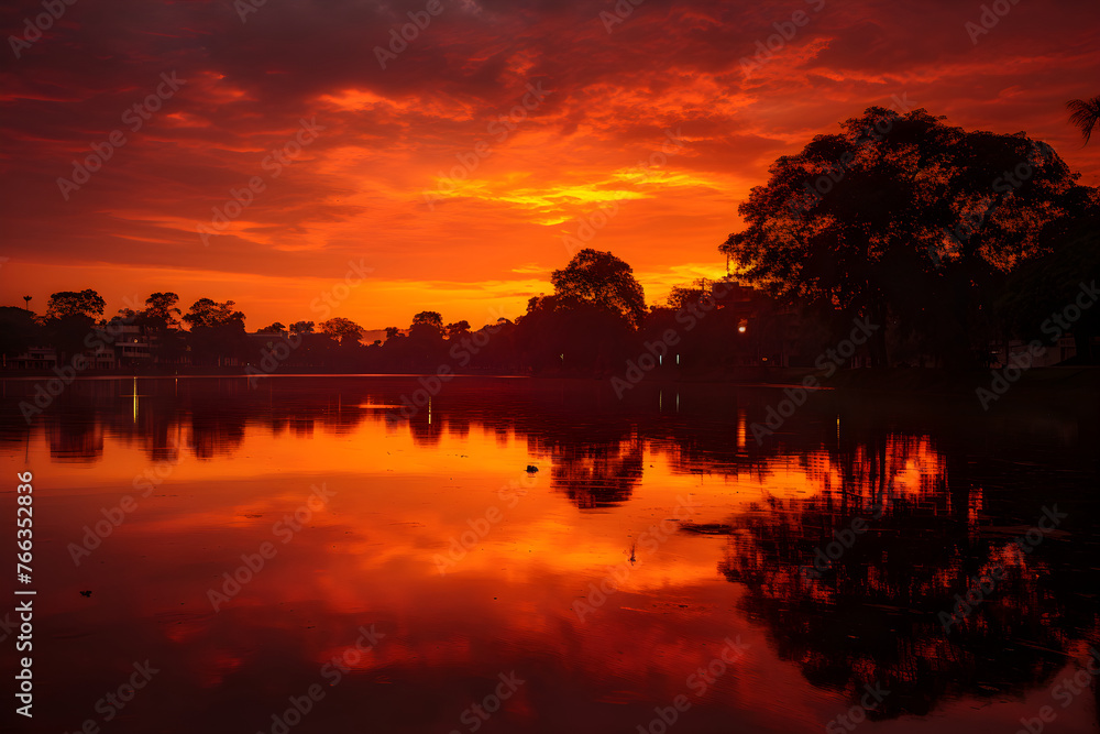 Fiery Horizons: A Mesmerising Blend of Sunrise and Sunset Colors Reflecting on a Calm Water Body