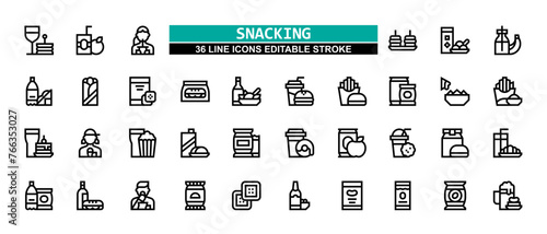 36 Snacking Line Icons Set Pack Editable Stroke Vector Illustration.