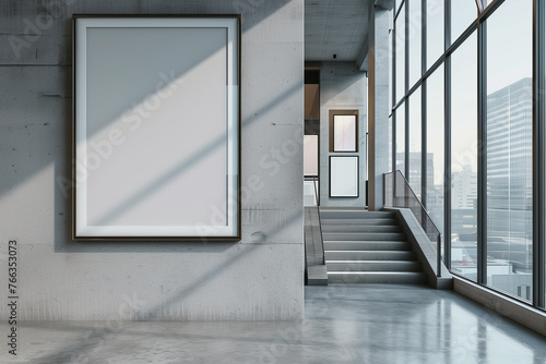 An empty poster frame on a textured concrete wall