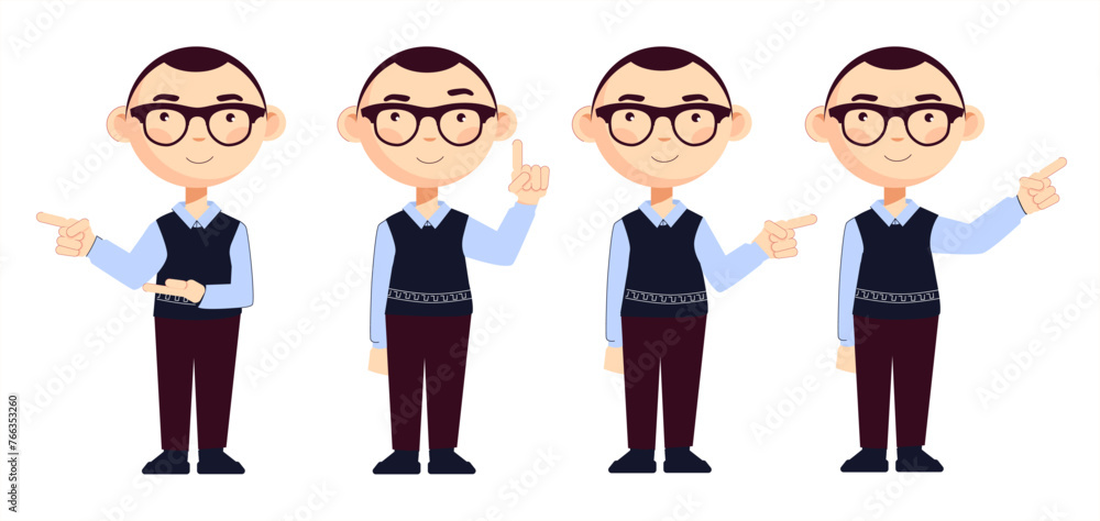 Set of lecturer with glasses with a smile points to something. Commitment, training, to attract attention. Vector illustration isolated on white background. Set of lecturer with glasses with a smile points to something. Commitment, training, to attract attention. Vector illustration isolated on white background.