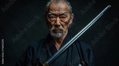 Portrait of sensei master with black sensei belt in taekwondo kimono witn sword katana on black background. Traditional samurai hakama kimono.