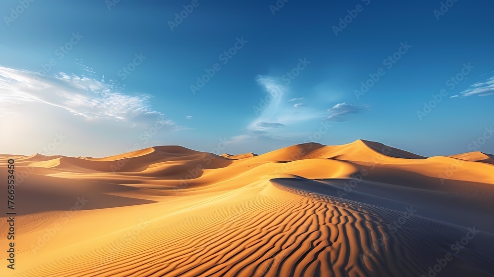 A surreal desert landscape with towering sand dunes stretching endlessly under a cloudless, deep blue sky.