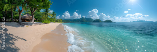 Tropical beach panorama with clear blue water and sunny sky. Exotic travel destination panoramic photography with copy space for design and print