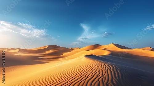 A surreal desert landscape with towering sand dunes stretching endlessly under a cloudless, deep blue sky.