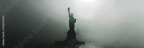 Statue of Liberty silhouette in mist, iconic landmark. Travel and NY city concept with copy space.