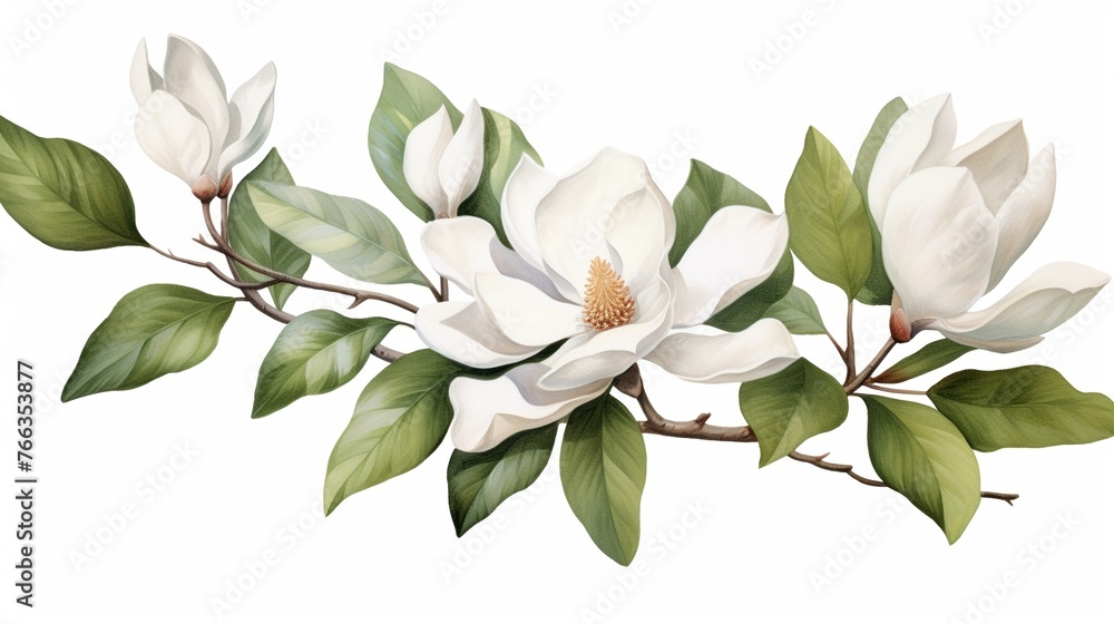 Watercolor magnolia clipart with large white petals and green leaves Watercolor magnolia clipart with large white petals and green leaves