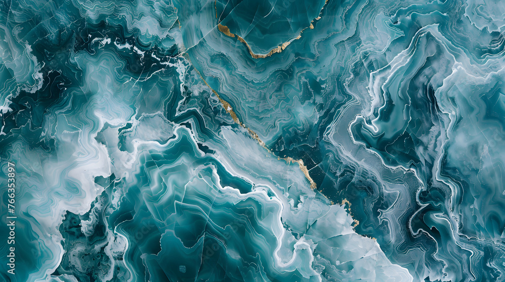 Fototapeta premium Beautiful abstract background. Golden and turquoise mixed acrylic paints. Marble texture