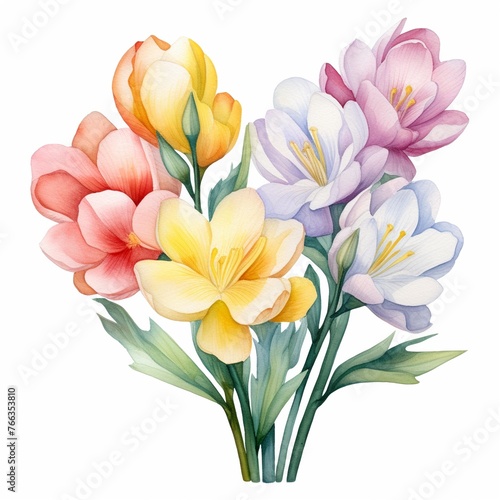 Watercolor freesia clipart with fragrant blooms in various colors © Holly Design