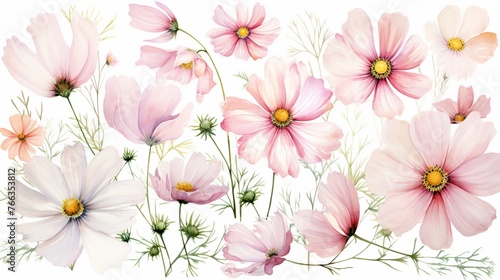 Watercolor cosmos clipart with delicate pink and white flowers © Holly