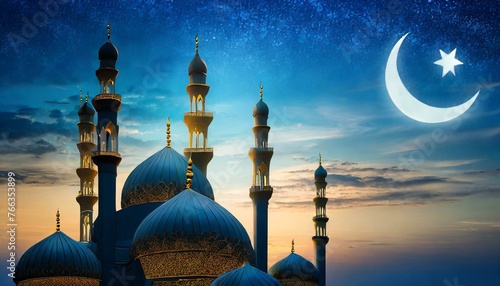mosque at sunset.a vibrant Eid al-Fitr card featuring the silhouette of mosques' domes set against a tranquil blue sky adorned with a crescent moon. The composition celebrates the joyous occasion of E