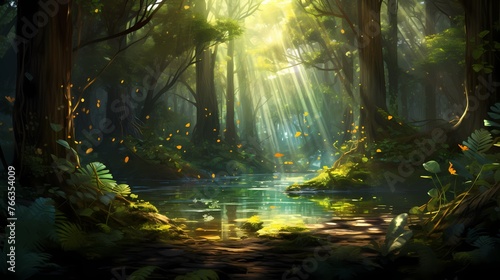 A sunlit glade in the heart of the forest, with rays of light filtering through the leaves and illuminating the emerald surroundings.