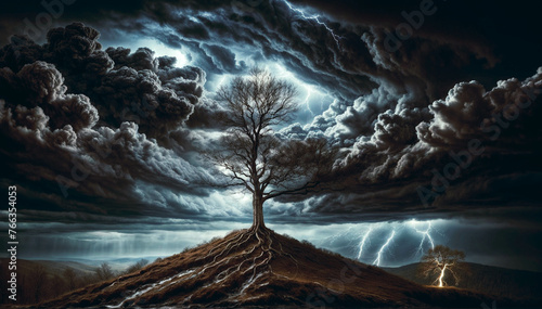 In a storm's fury, one tree is struck by lightning as its companion leans in, a stark symbol of danger and support. photo