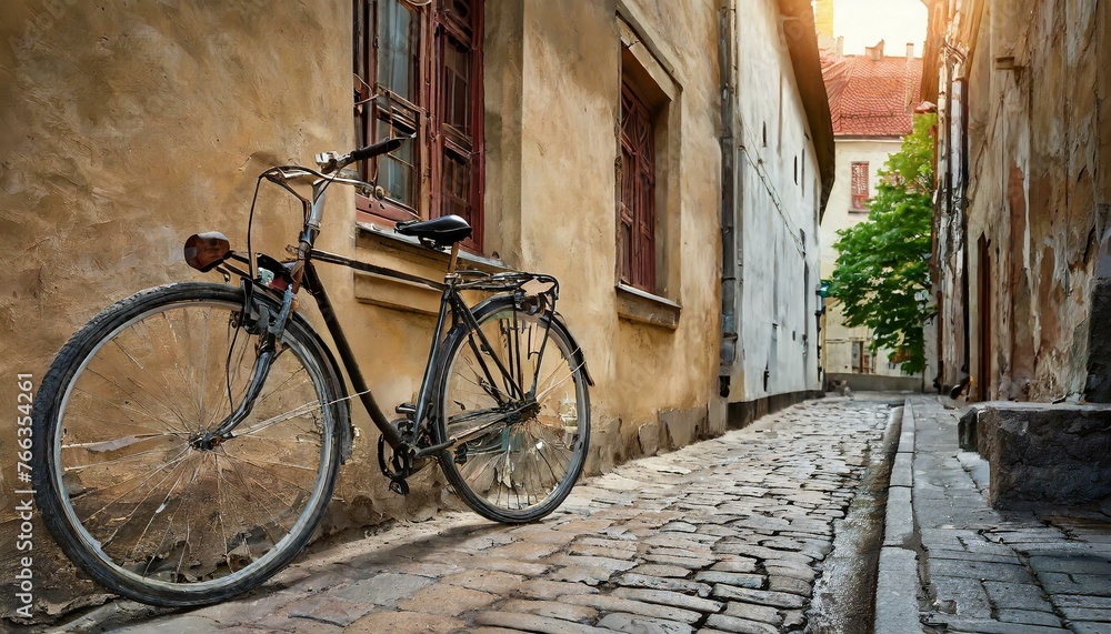 an old bicycle on the facade of an old house