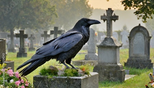 A raven in a cemetery