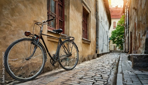 an old bicycle on the facade of an old house