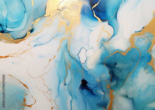 Abstract marble background, fluid art texture, blue, white and gold. Elegant wallpaper decoration, color flow paint illustration