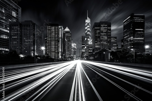 The black and white cityscape photo captures the vibrant glow of city lights against the dark night sky. Skyscrapers, streets, and buildings create a stark contrast in the urban landscape