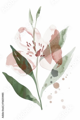 Abstract minimalistic scandinavian botanical art with warm color tones. A delicate composition of floral and foliage elements intertwined with abstract warm colored shapes and subtle brushstrokes