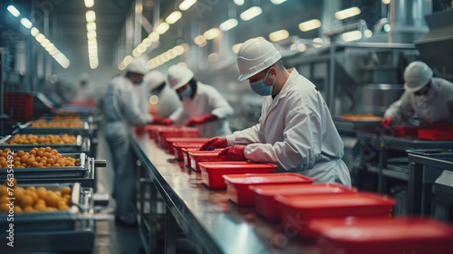 Workers in protective clothing efficiently sorting fresh oranges on a modern processing line in an industrial food facility