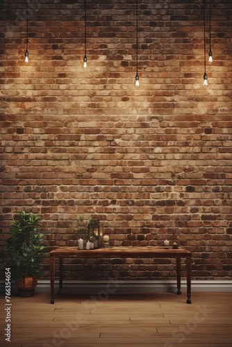 Room with brick wall and tan lights background © Celina
